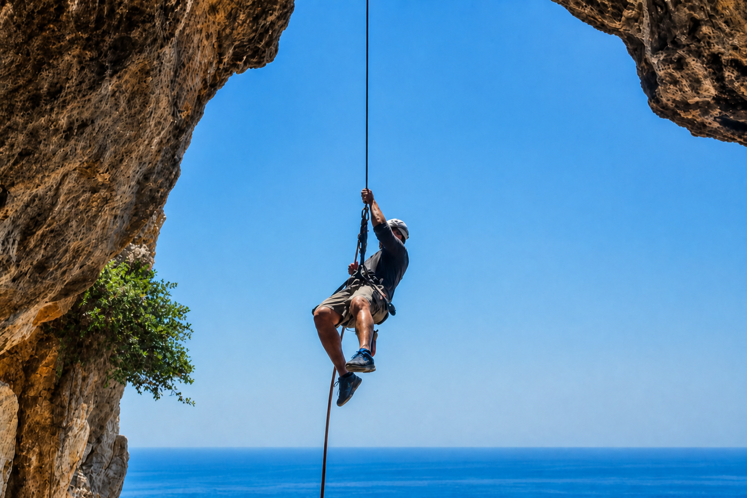 Abseiler descending between limestone cliffs above the Mediterranean Sea